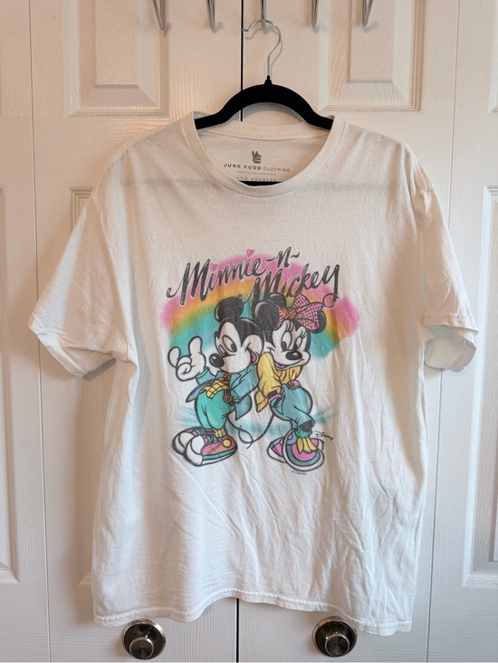 Junk Food Clothing Tops - Junk Food Clothing White Minnie & Mickey Rainbow Graphic Tee